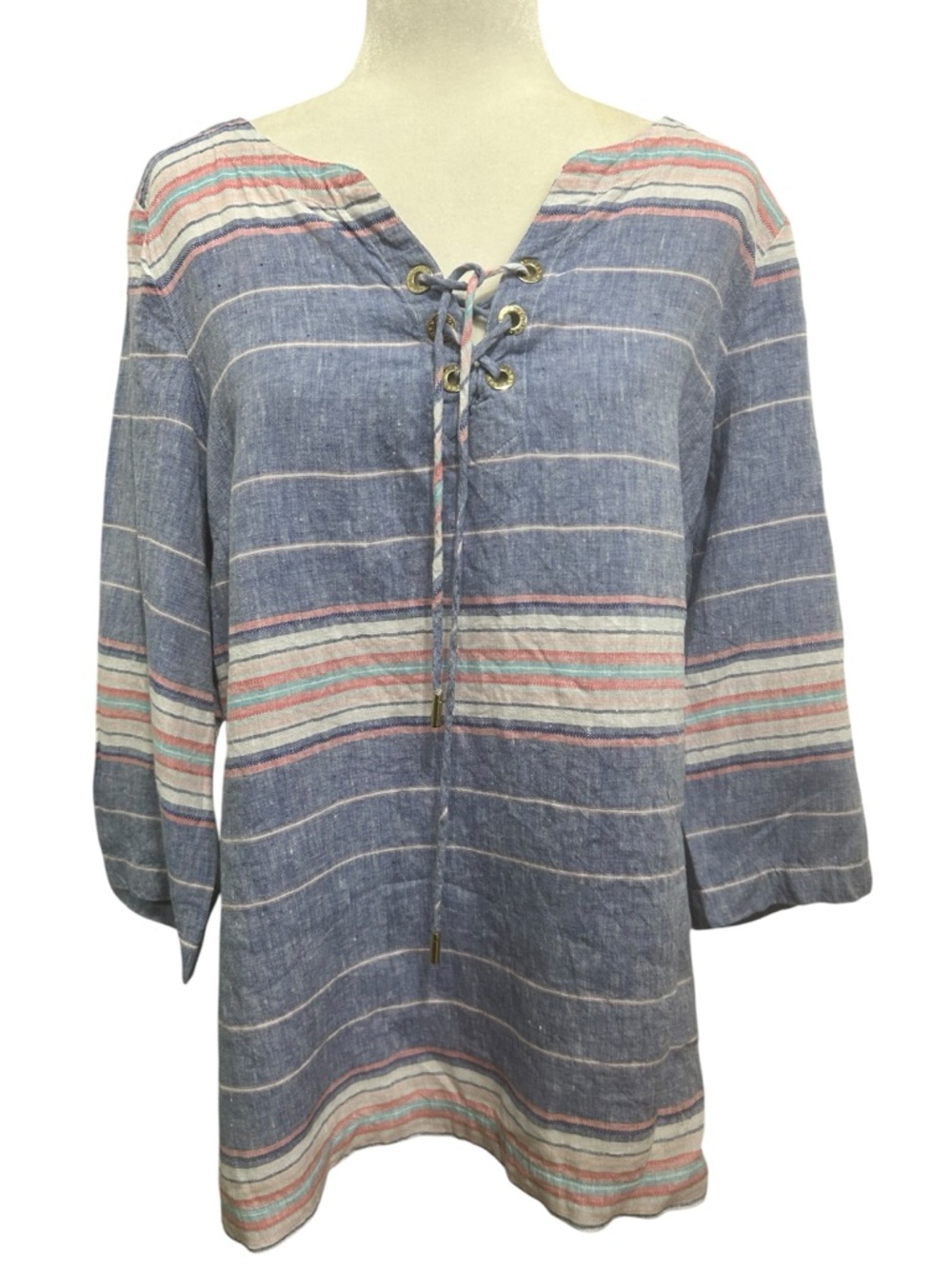 Tommy Bahama Linen Striped top womens large Coastal blue vacation beachy boho - Picture 2 of 13